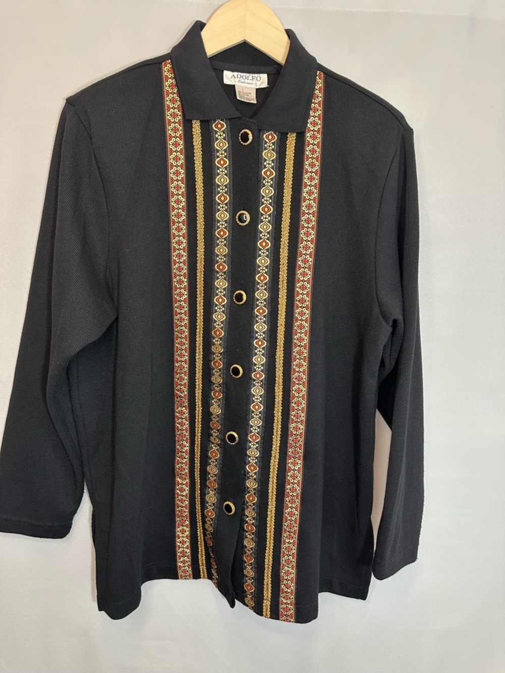 Adolfo Black Cardigan with Gold & Rust Embroidery